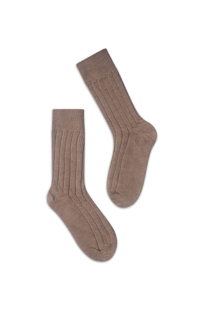 half british alpaca lounge socks in brown, pair laid flat on a white background showing the ribbed knit pattern and soft alpaca wool finish