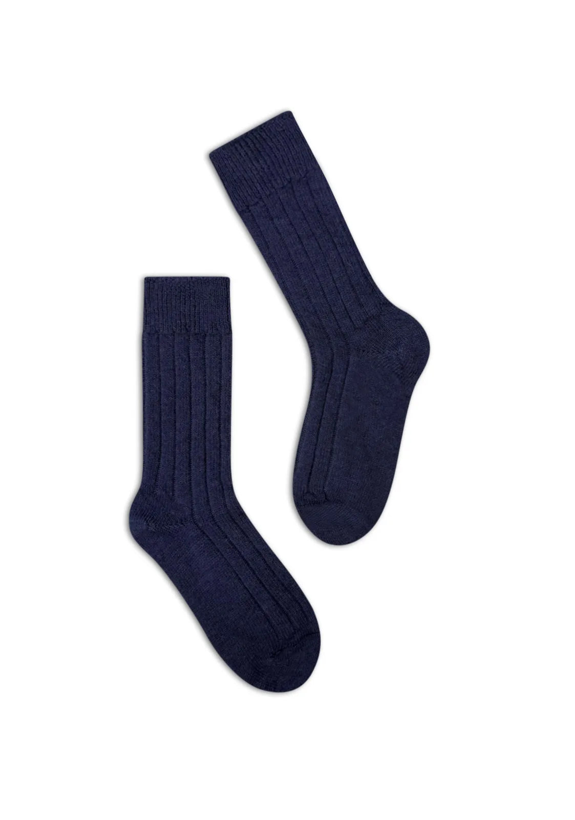 half british alpaca lounge socks in navy, pair laid flat on a background to show the ribbed knit texture and premium alpaca wool finish