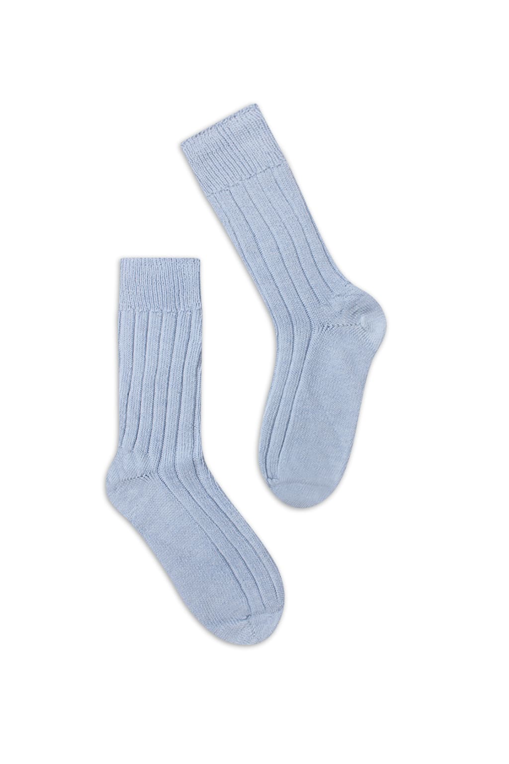 half british alpaca lounge socks in light blue, pair laid flat on a white background showing the ribbed knit texture and soft alpaca fibre