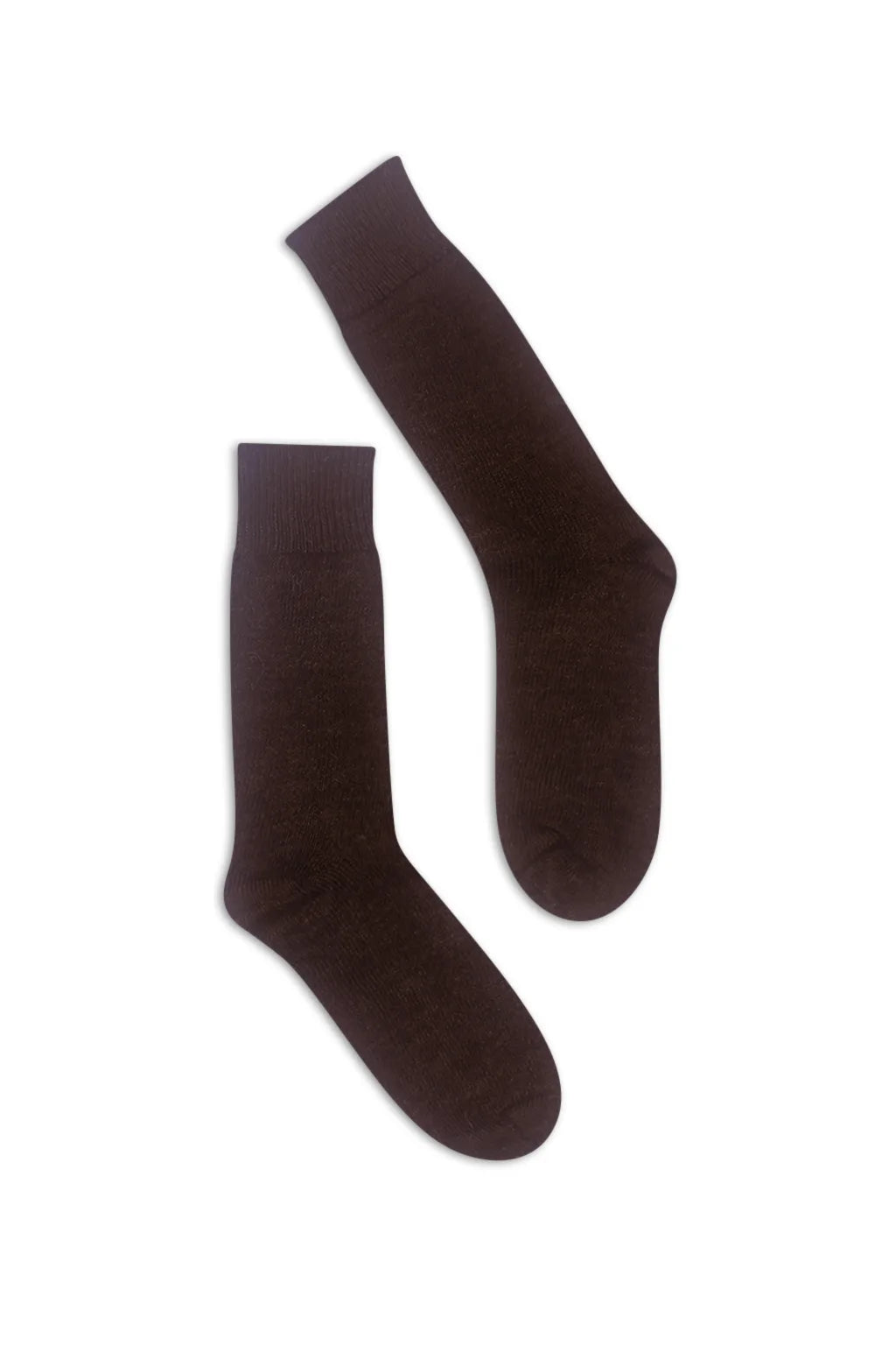 half british everyday alpaca socks in bitter brown, pair laid flat on a background showing the fine ribbed knit and deep brown alpaca wool texture