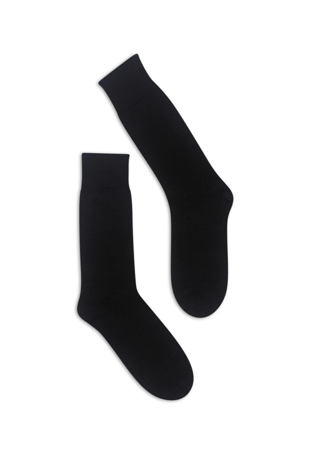 half british everyday alpaca socks in black, pair laid flat on a white background highlighting fine ribbed texture and minimalist design