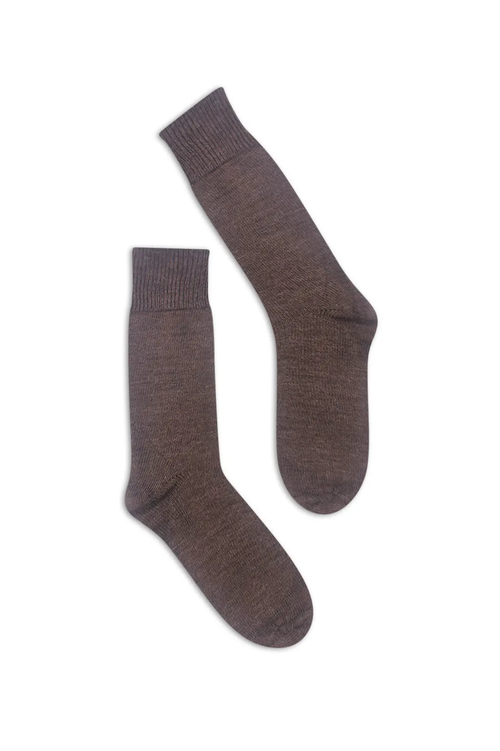 half british everyday alpaca socks in brown, pair laid flat on a white background showing the soft alpaca wool texture and refined ribbed knit