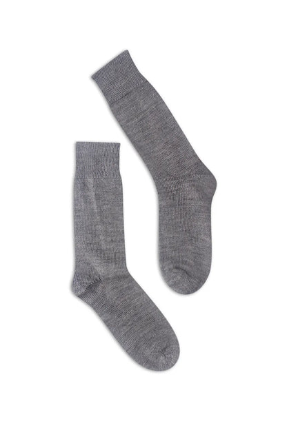 half british everyday alpaca socks in light grey, pair laid flat on a white background showing the fine ribbed knit and soft alpaca wool texture.